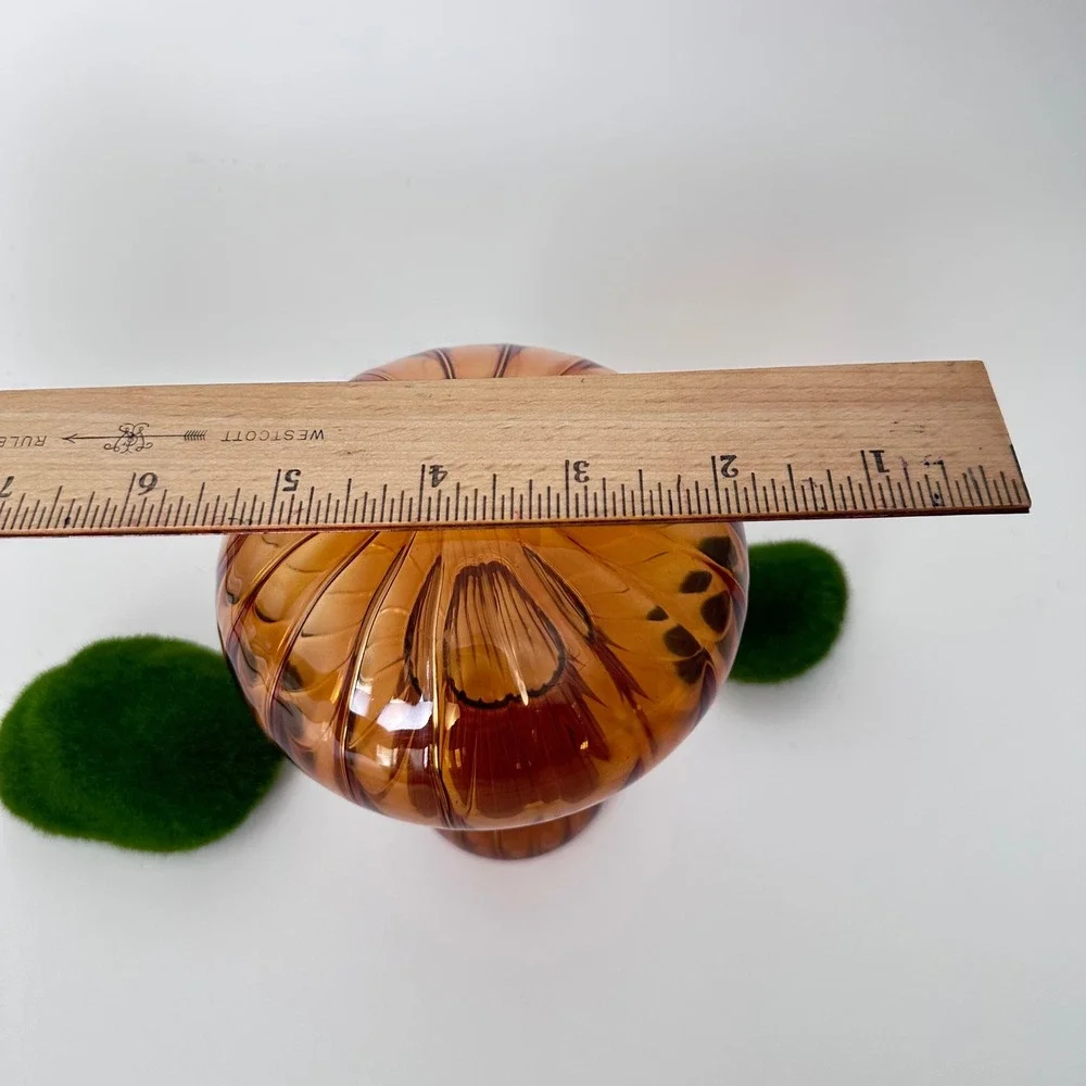 Vintage Amber Glass Mushroom Vase Ribbed Toadstool MCM Cottagecore Decor 5 inch